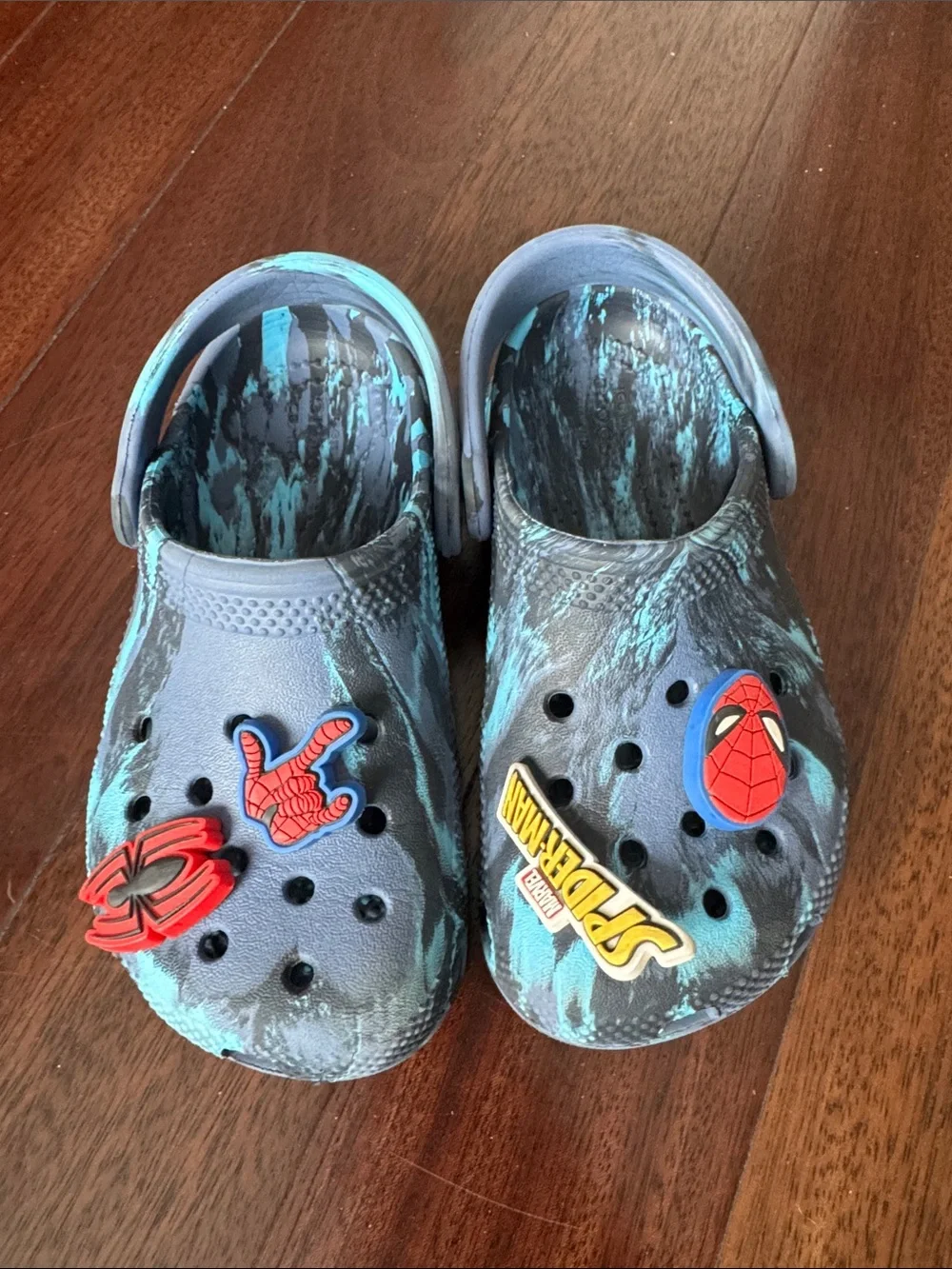 CROCS Kids' Blue Tie-Dye Slip-On Clog with Spider-Man Charms